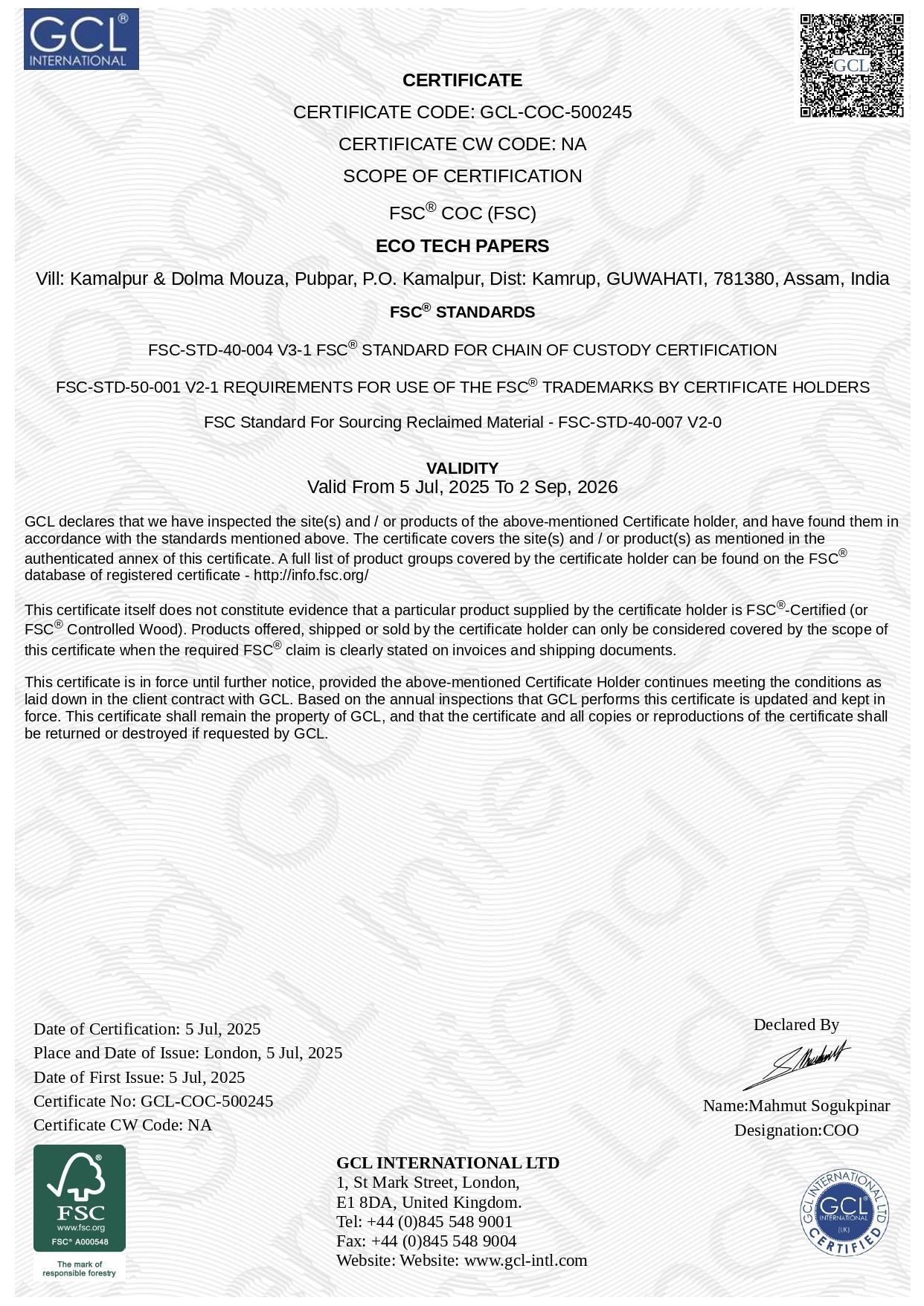 FSC chain-of-custody certificate issued to Eco Tech Papers