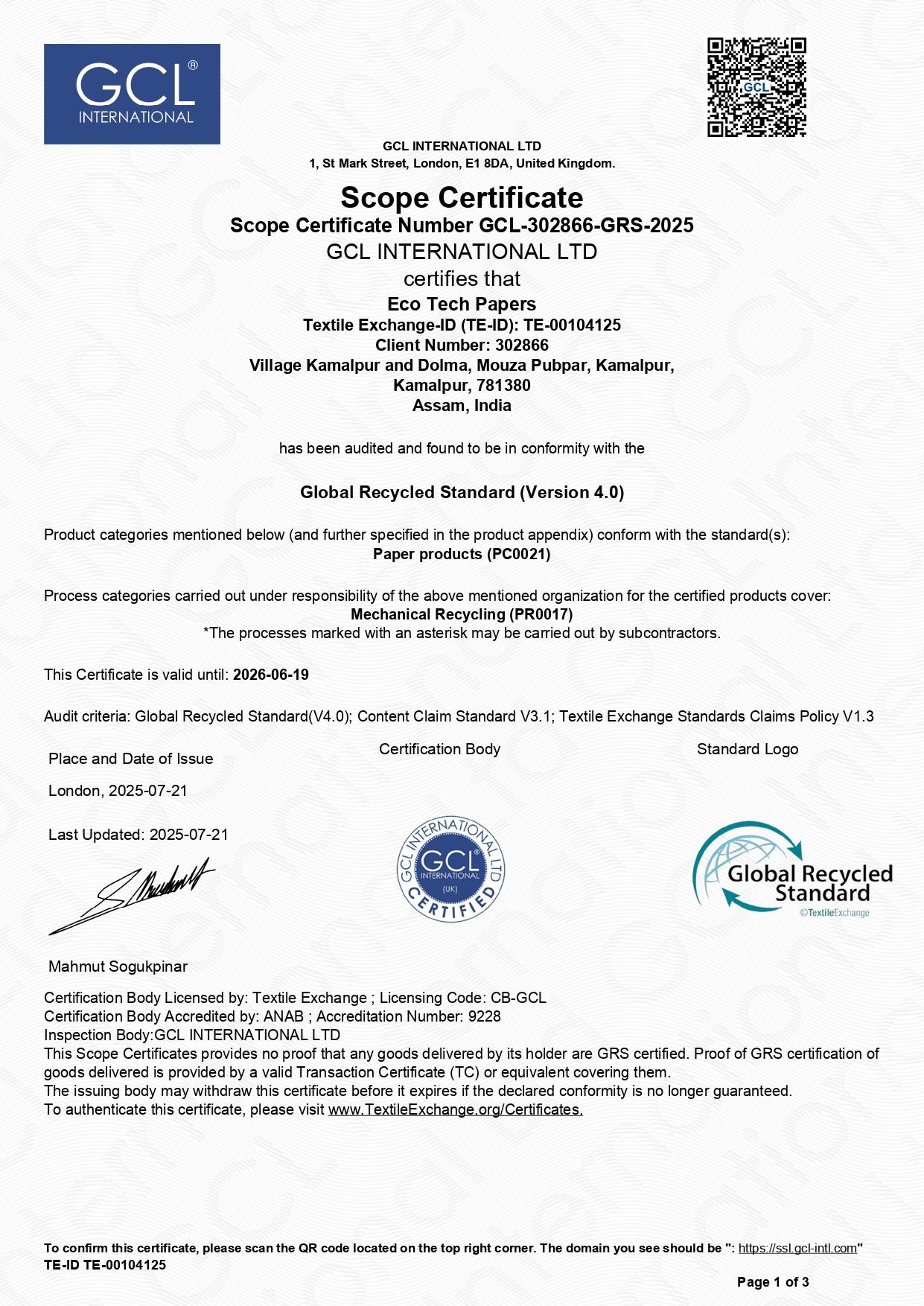 GRS (Global Recycled Standard) scope certificate issued to Eco Tech Papers