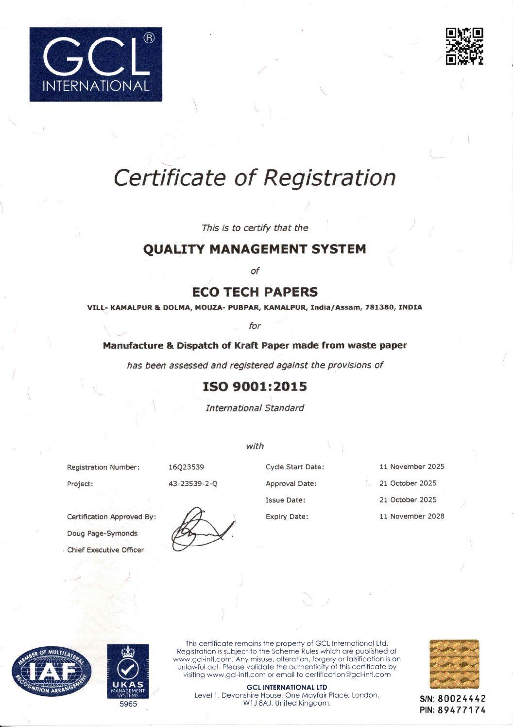 ISO certificate issued to Eco Tech Papers, valid to 11.11.2028